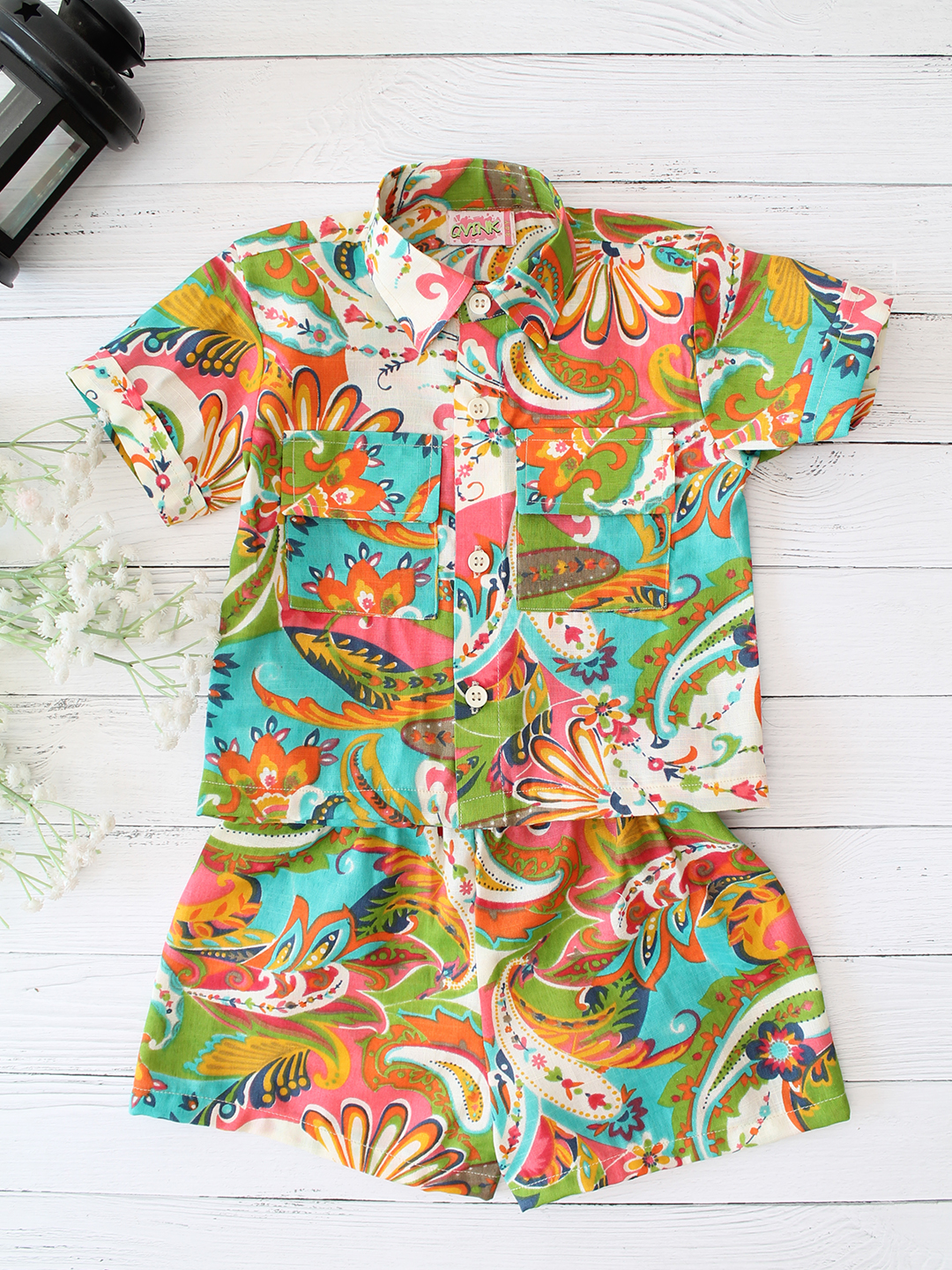 Cotton Printed Collar Detail Shirt with Shorts Co ord Set