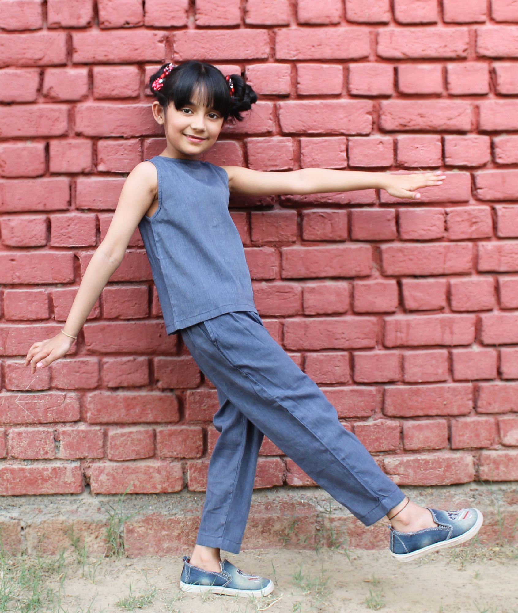 Qvink Denim A-Line Top with Pants-Blue