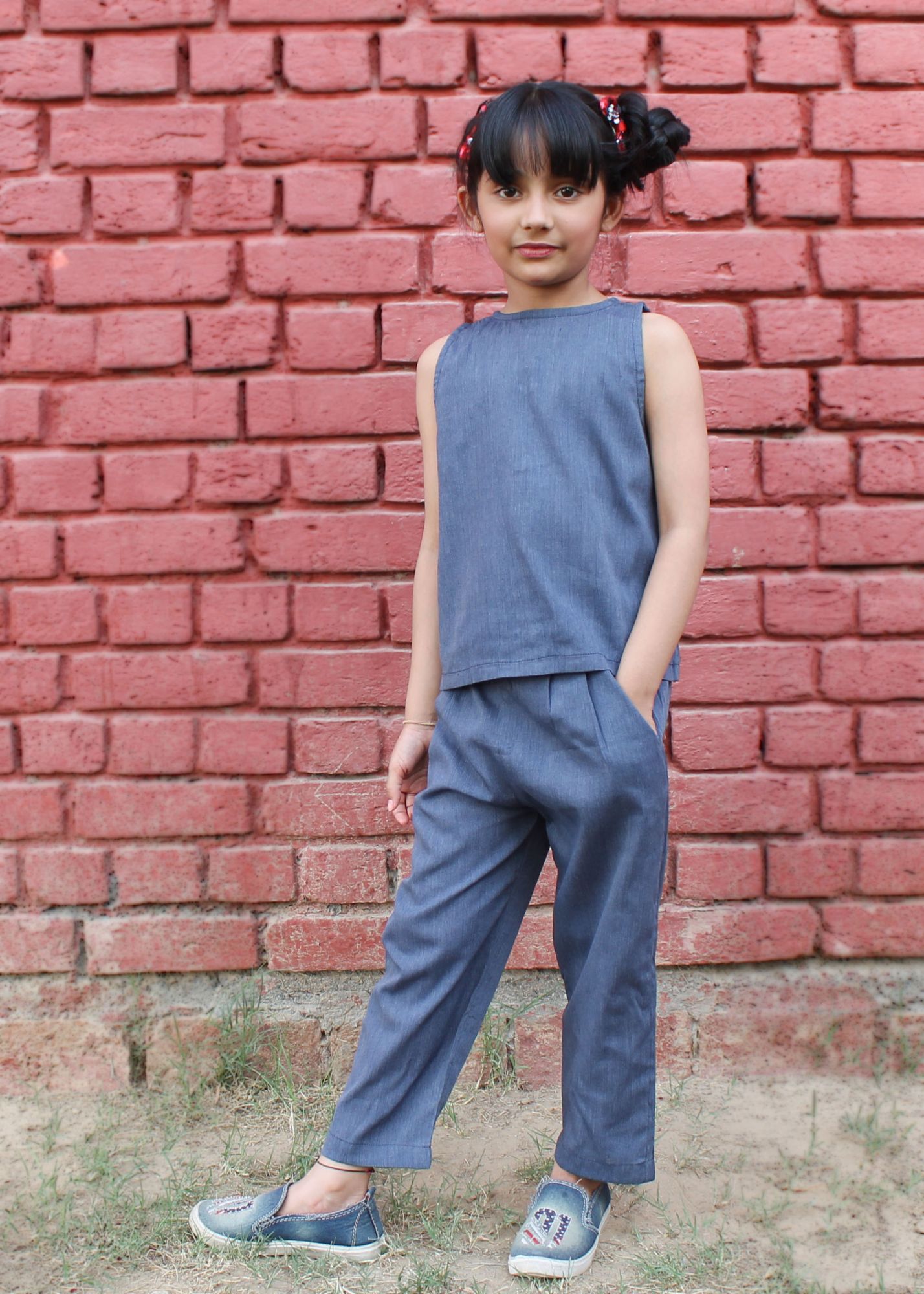 Qvink Denim A-Line Top with Pants-Blue