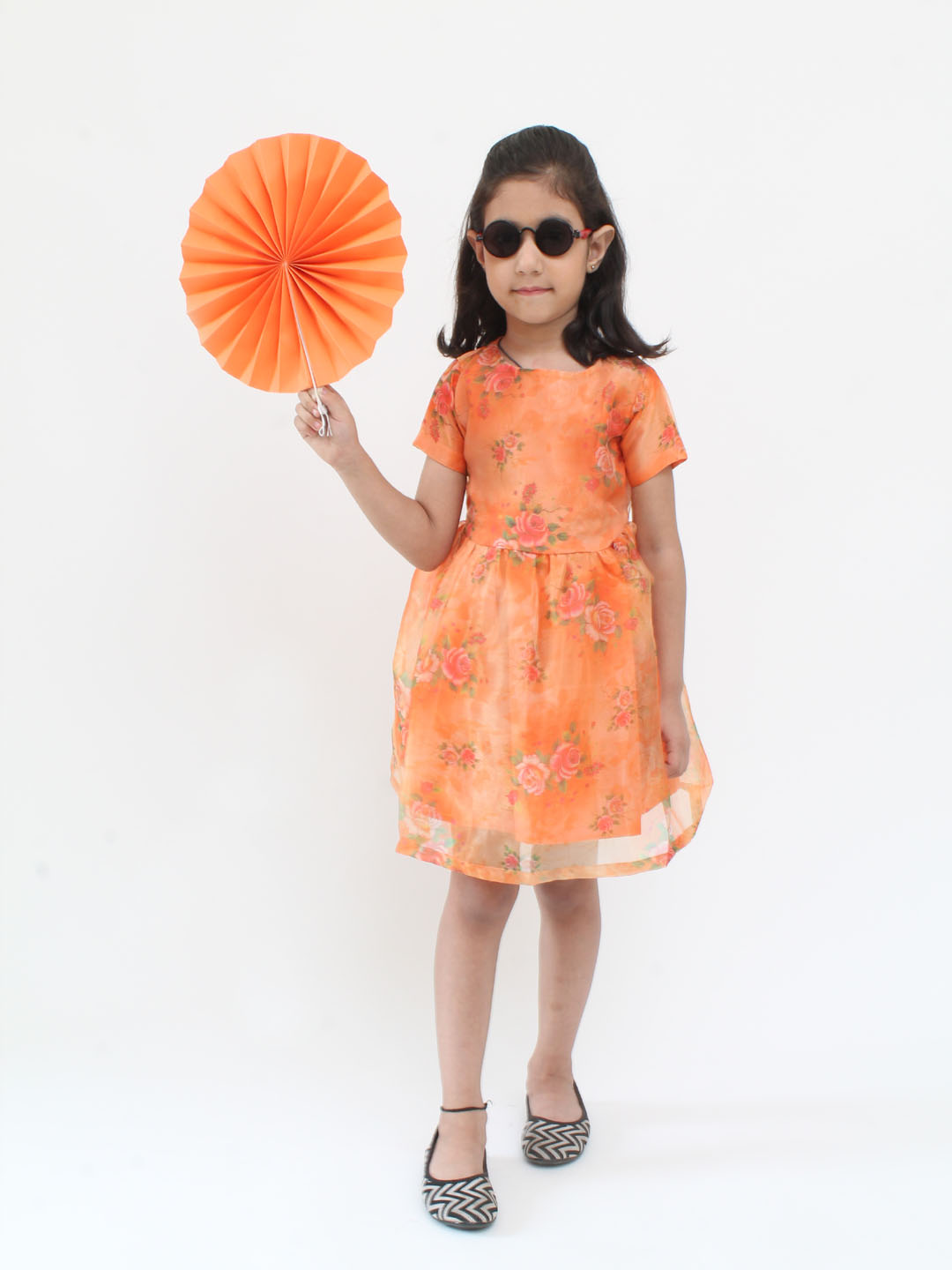 Qvink Organza Half Sleeves Roses Printed Fit & Flare Dress - Orange