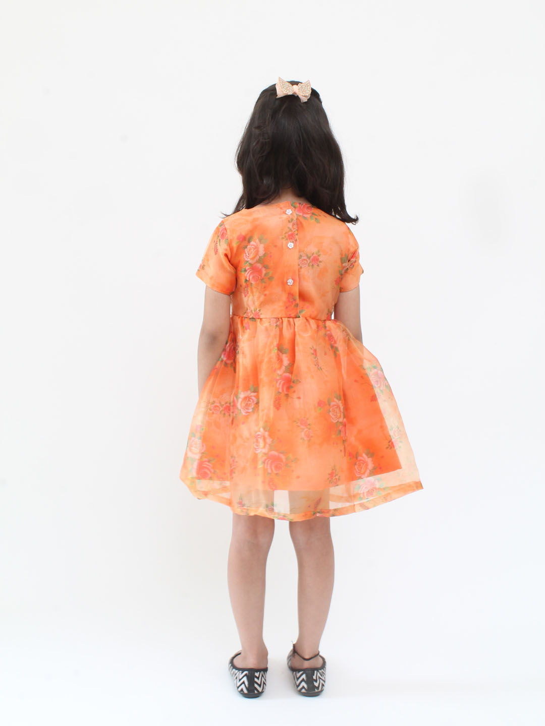 Qvink Organza Half Sleeves Roses Printed Fit & Flare Dress - Orange