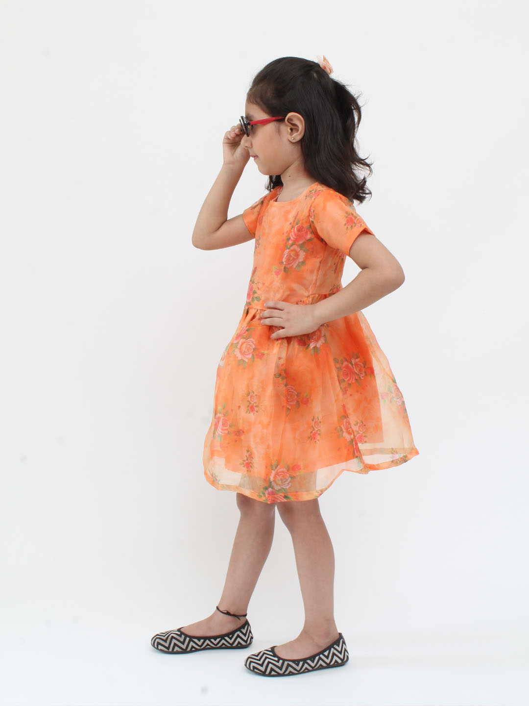 Qvink Organza Half Sleeves Roses Printed Fit & Flare Dress - Orange