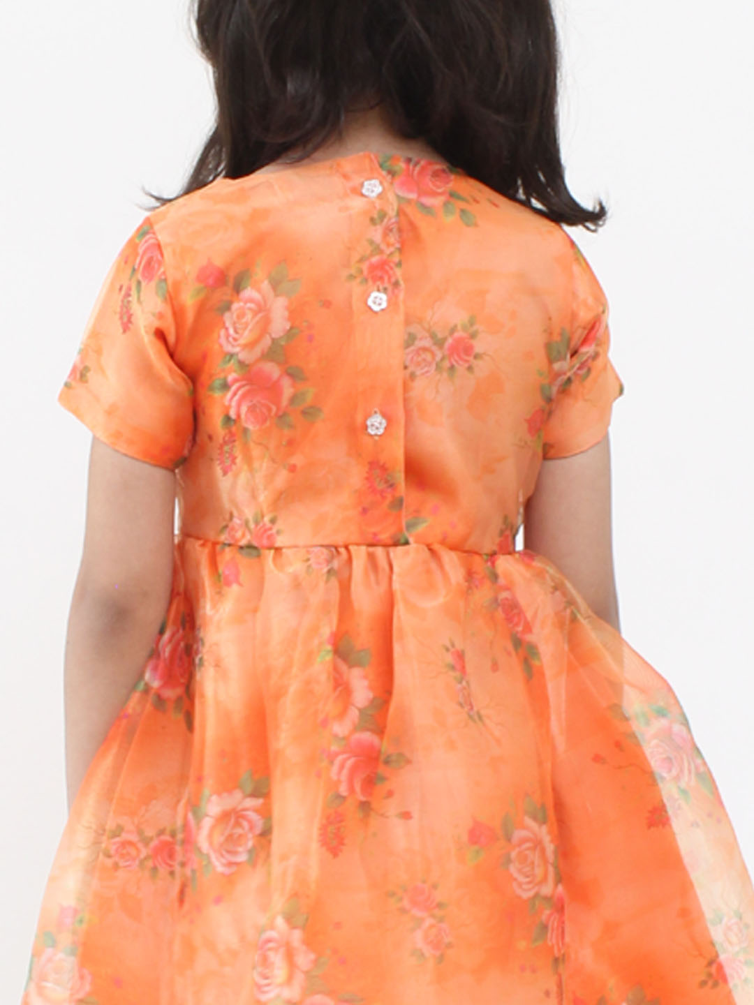 Qvink Organza Half Sleeves Roses Printed Fit & Flare Dress - Orange