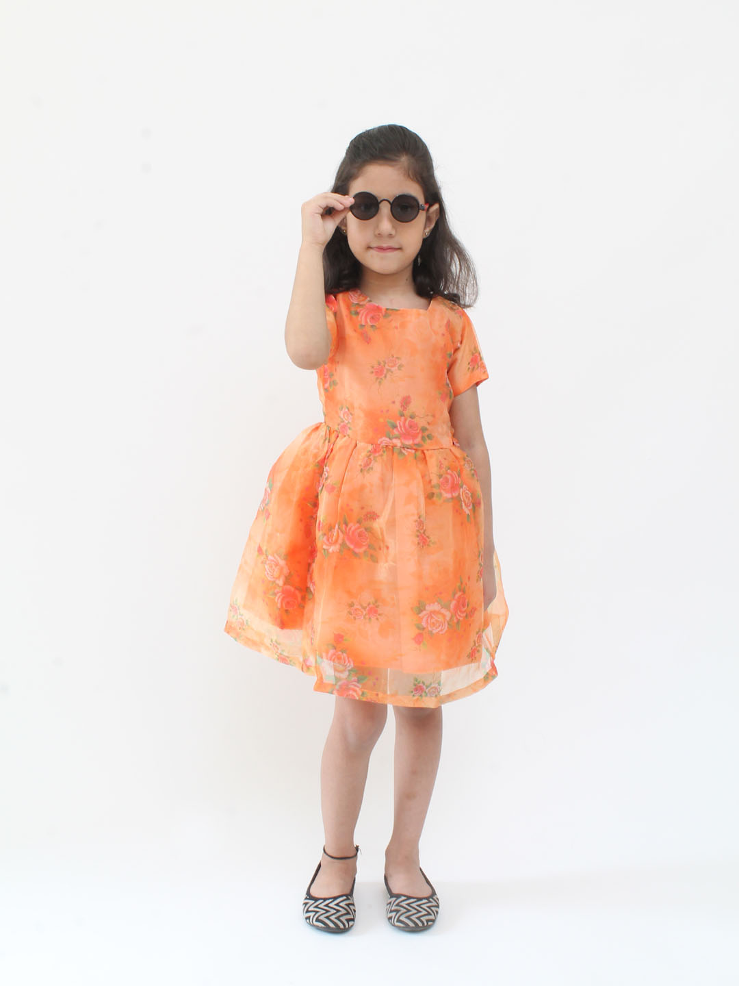 Qvink Organza Half Sleeves Roses Printed Fit & Flare Dress - Orange