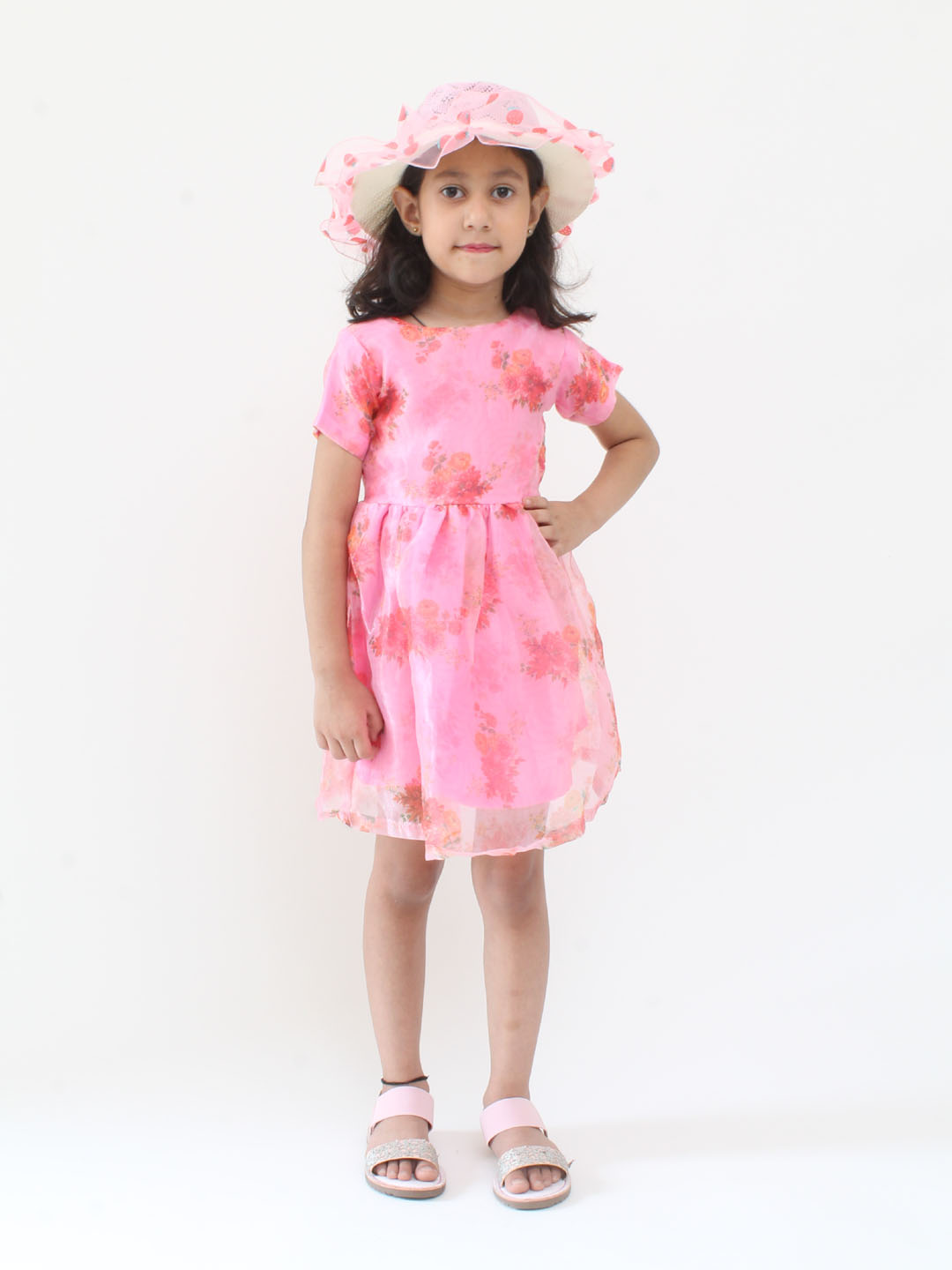 Qvink Organza Half Sleeves Rose Printed Fit & Flare Dress - Pink