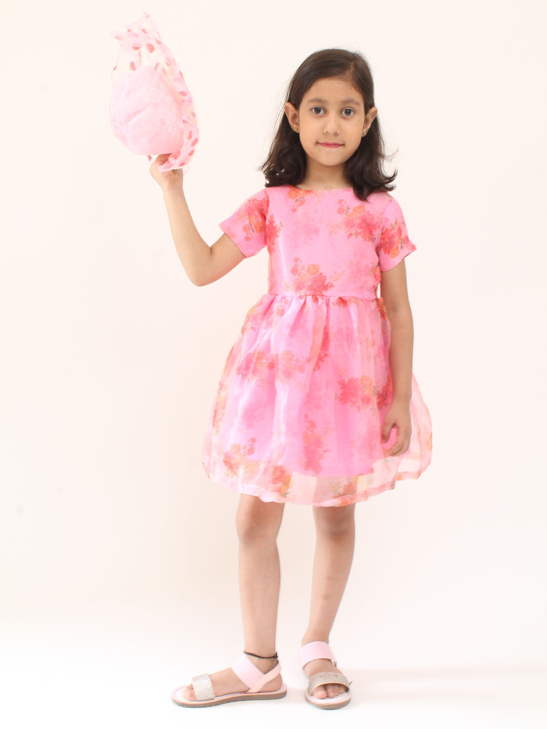 Qvink Organza Half Sleeves Rose Printed Fit & Flare Dress - Pink
