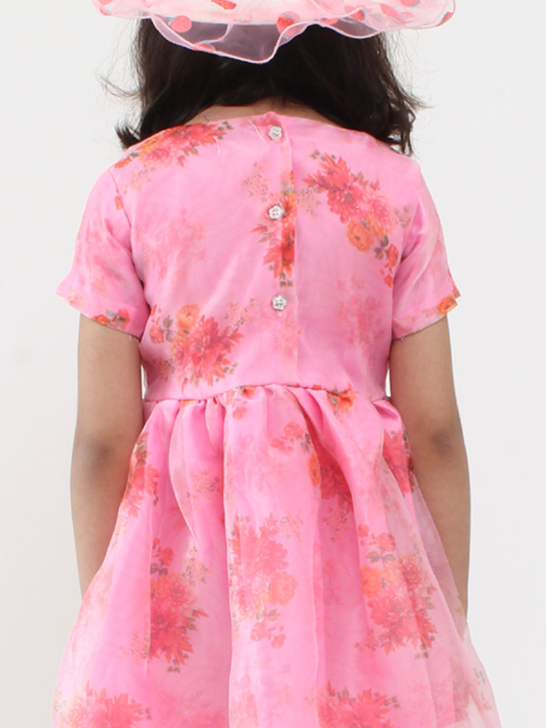 Qvink Organza Half Sleeves Rose Printed Fit & Flare Dress - Pink