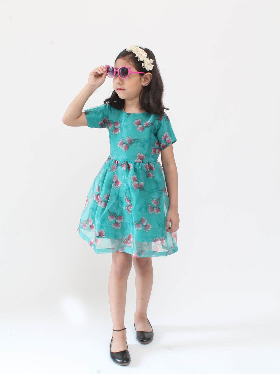 Qvink Organza Half Sleeves Rose Printed Fit & Flare Dress - Sea Green