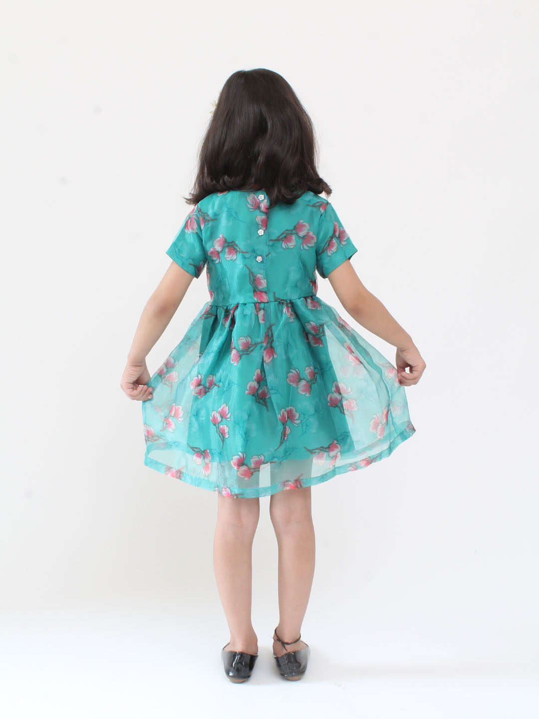 Qvink Organza Half Sleeves Rose Printed Fit & Flare Dress - Sea Green