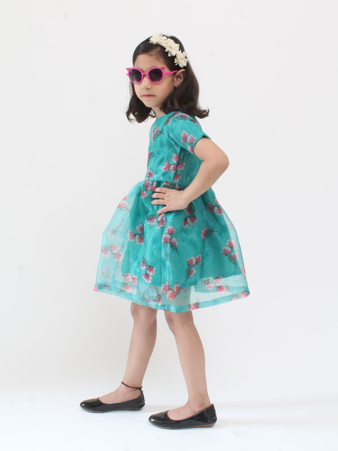 Qvink Organza Half Sleeves Rose Printed Fit & Flare Dress - Sea Green