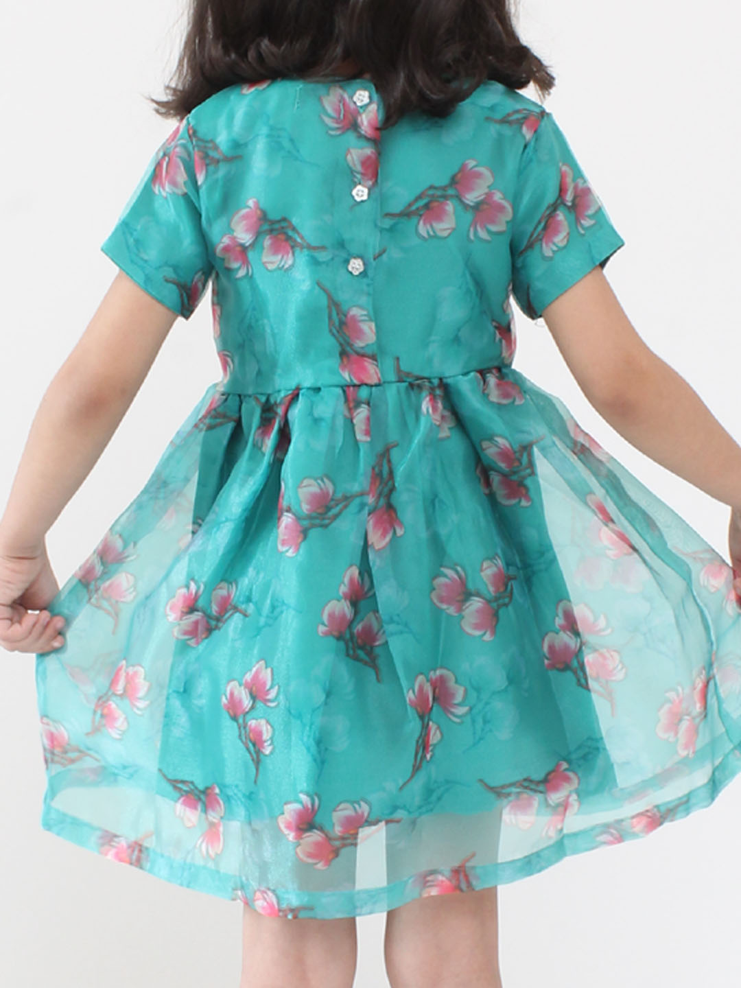 Qvink Organza Half Sleeves Rose Printed Fit & Flare Dress - Sea Green