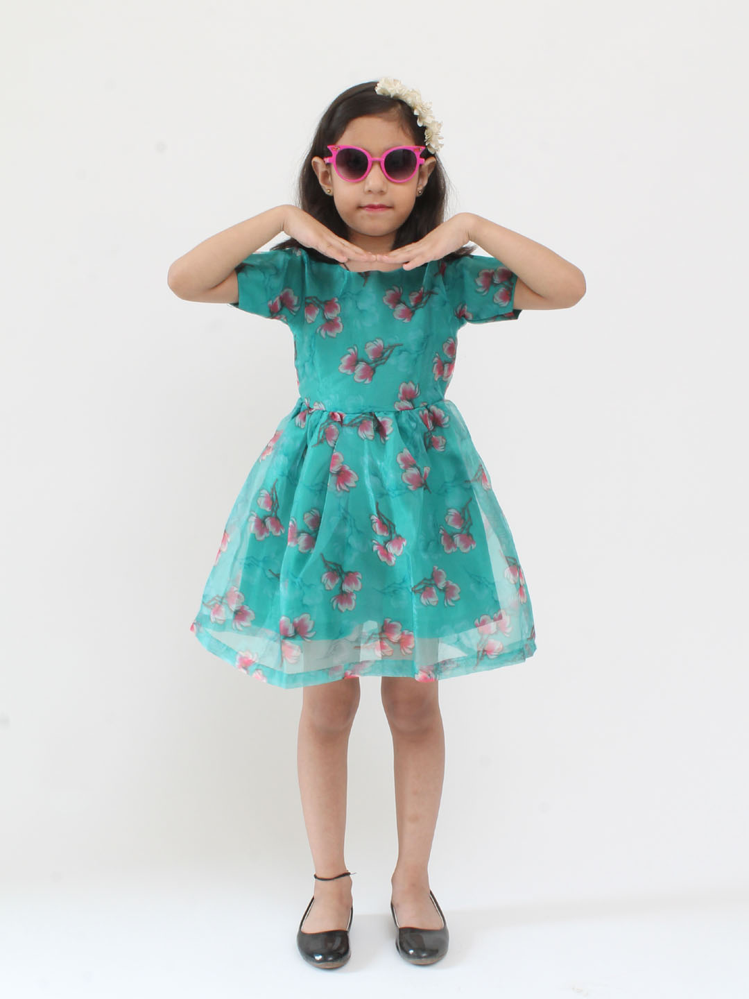 Qvink Organza Half Sleeves Rose Printed Fit & Flare Dress - Sea Green