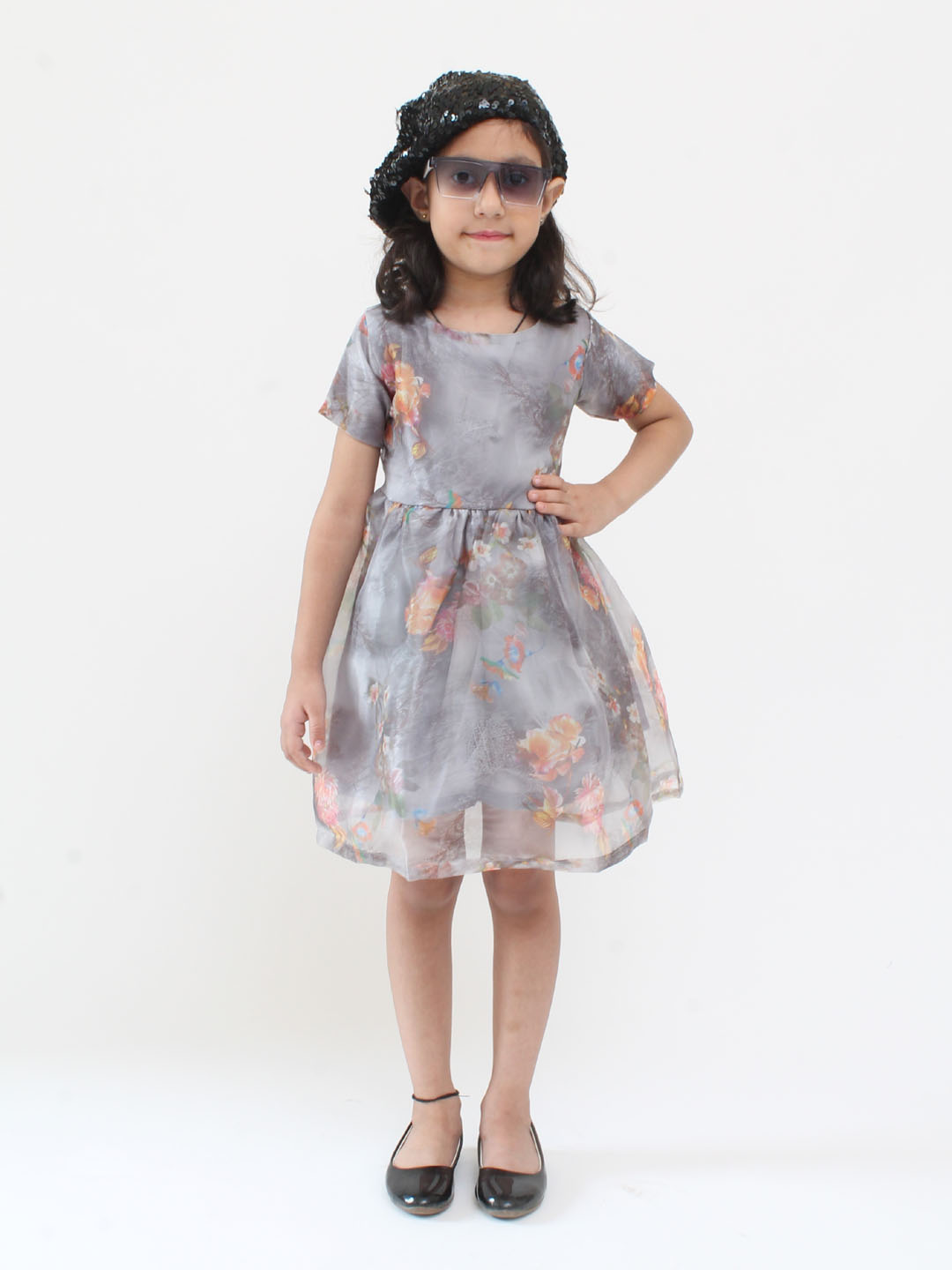 Qvink Organza Half Sleeves Rose Printed Fit & Flare Dress - Grey