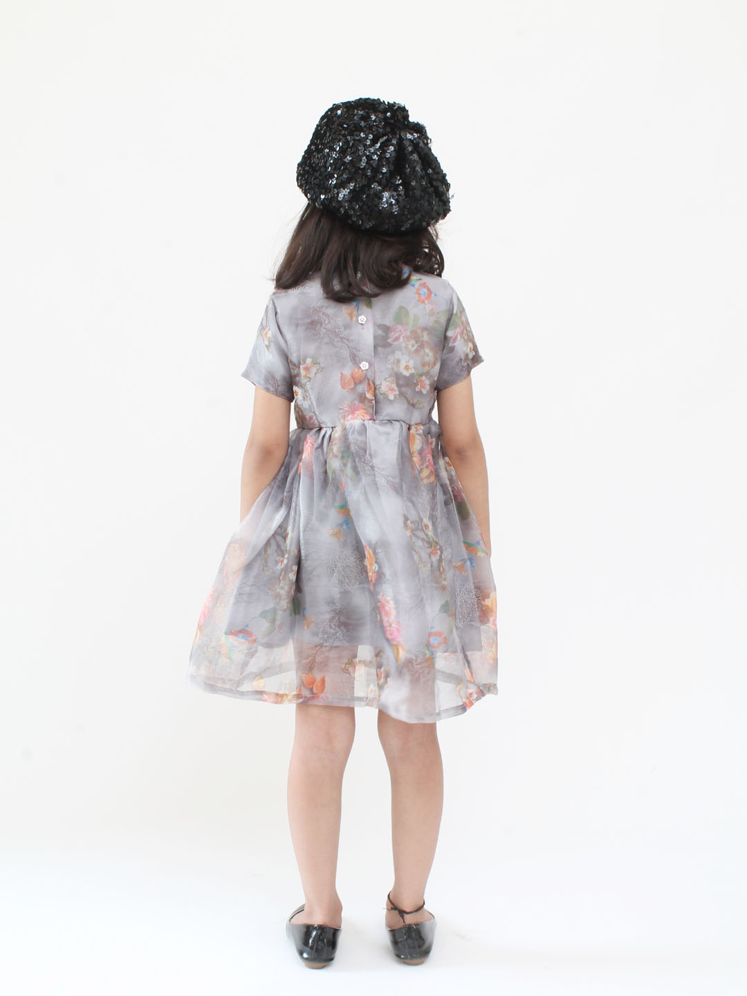 Qvink Organza Half Sleeves Rose Printed Fit & Flare Dress - Grey