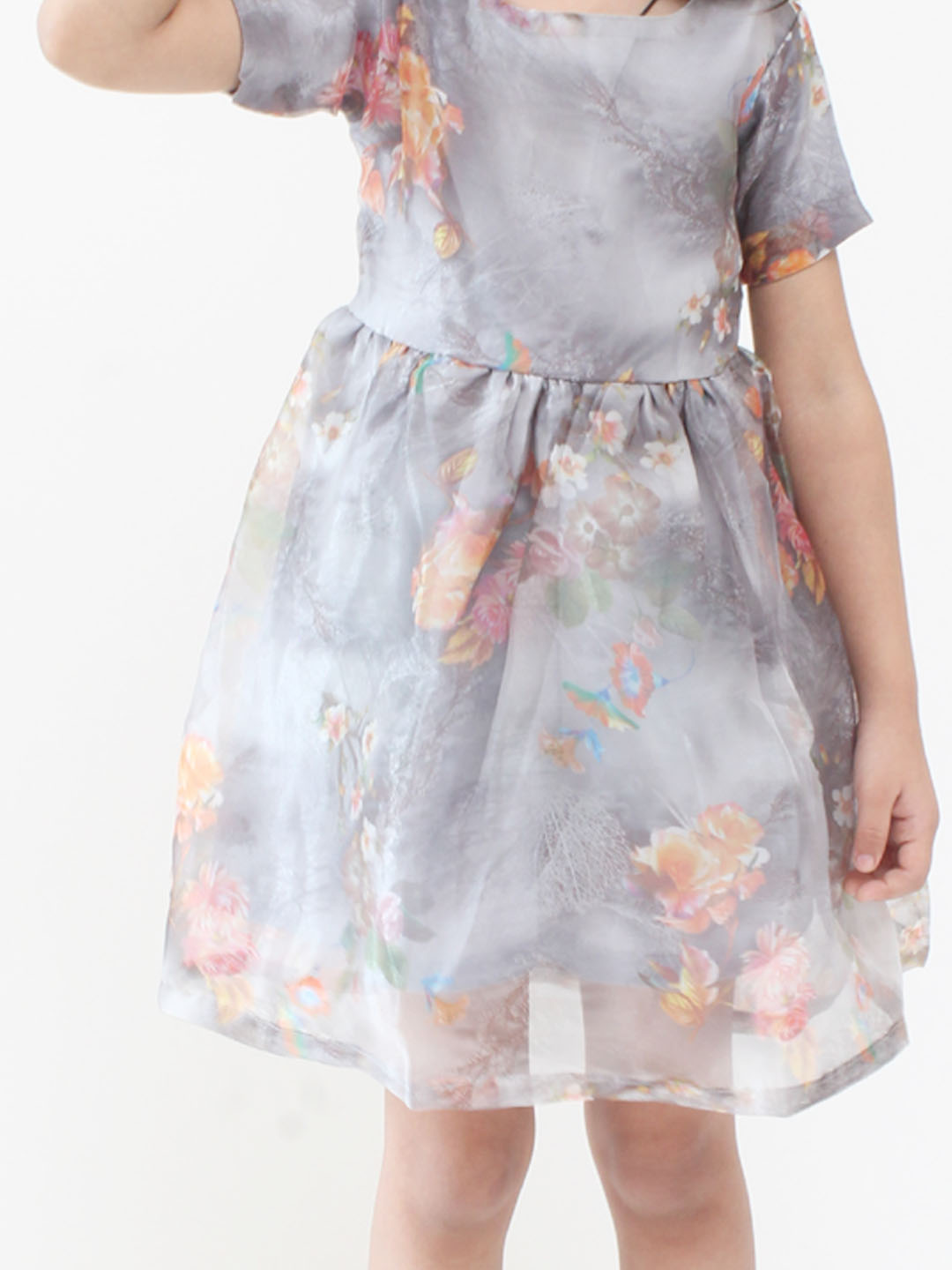 Qvink Organza Half Sleeves Rose Printed Fit & Flare Dress - Grey