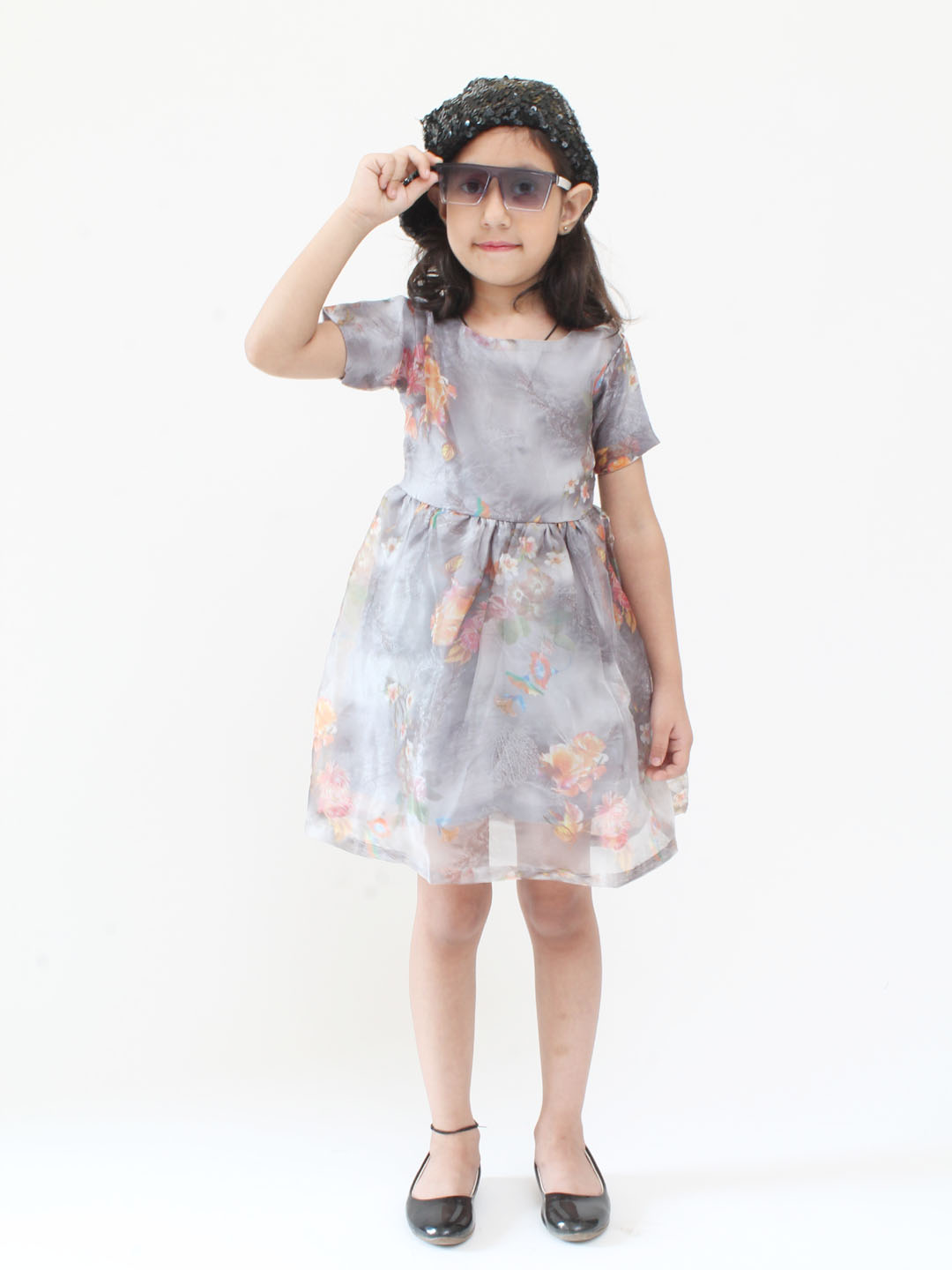 Qvink Organza Half Sleeves Rose Printed Fit & Flare Dress - Grey