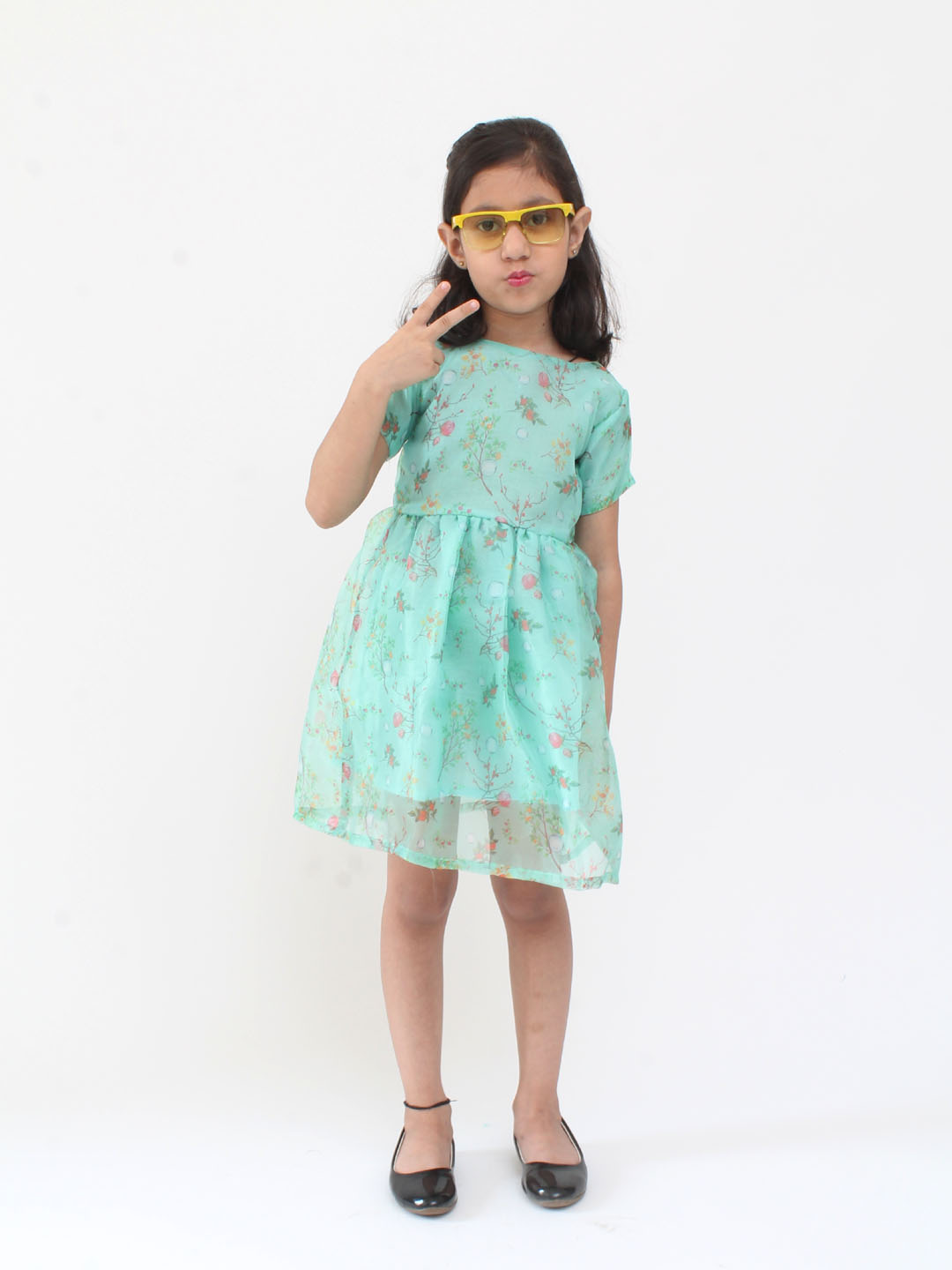 Qvink Organza Half Sleeves Flower Printed Fit & Flare Dress - Light Blue