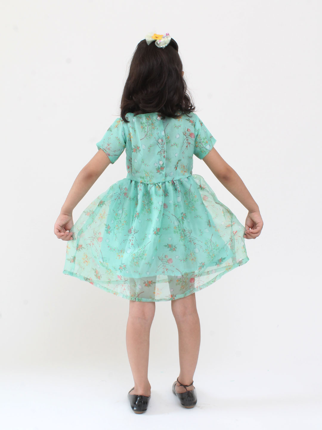 Qvink Organza Half Sleeves Flower Printed Fit & Flare Dress - Light Blue