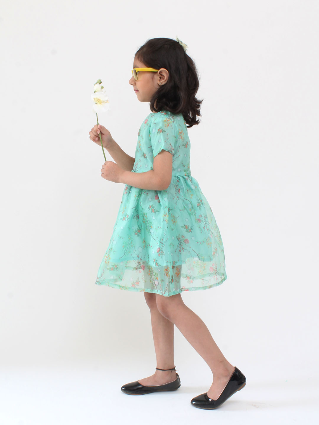 Qvink Organza Half Sleeves Flower Printed Fit & Flare Dress - Light Blue