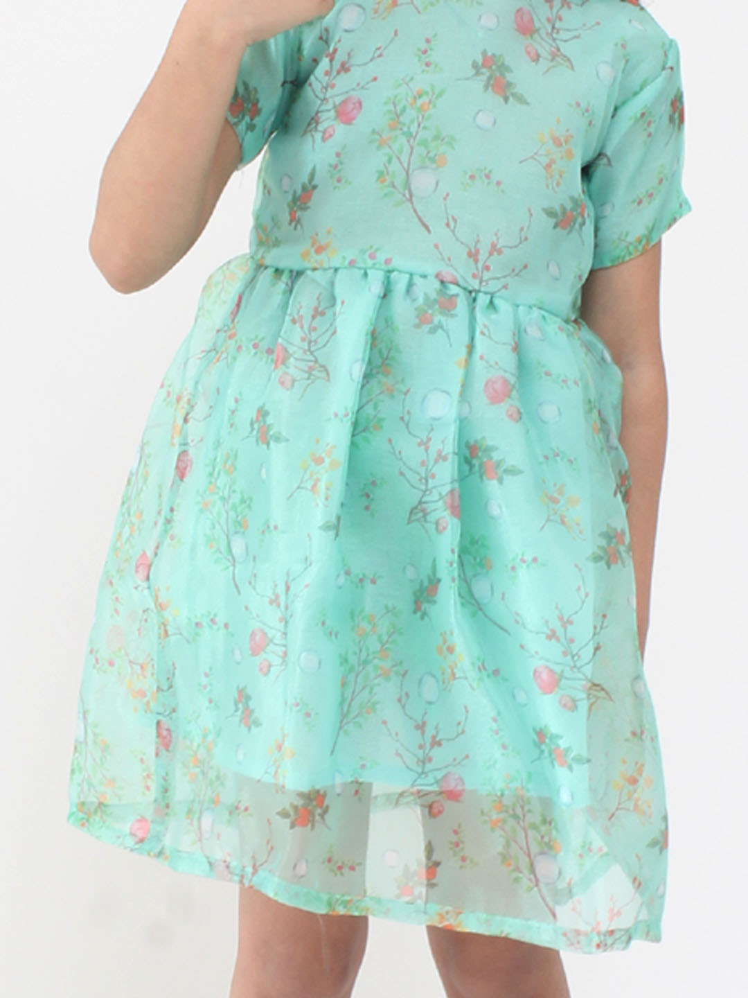 Qvink Organza Half Sleeves Flower Printed Fit & Flare Dress - Light Blue