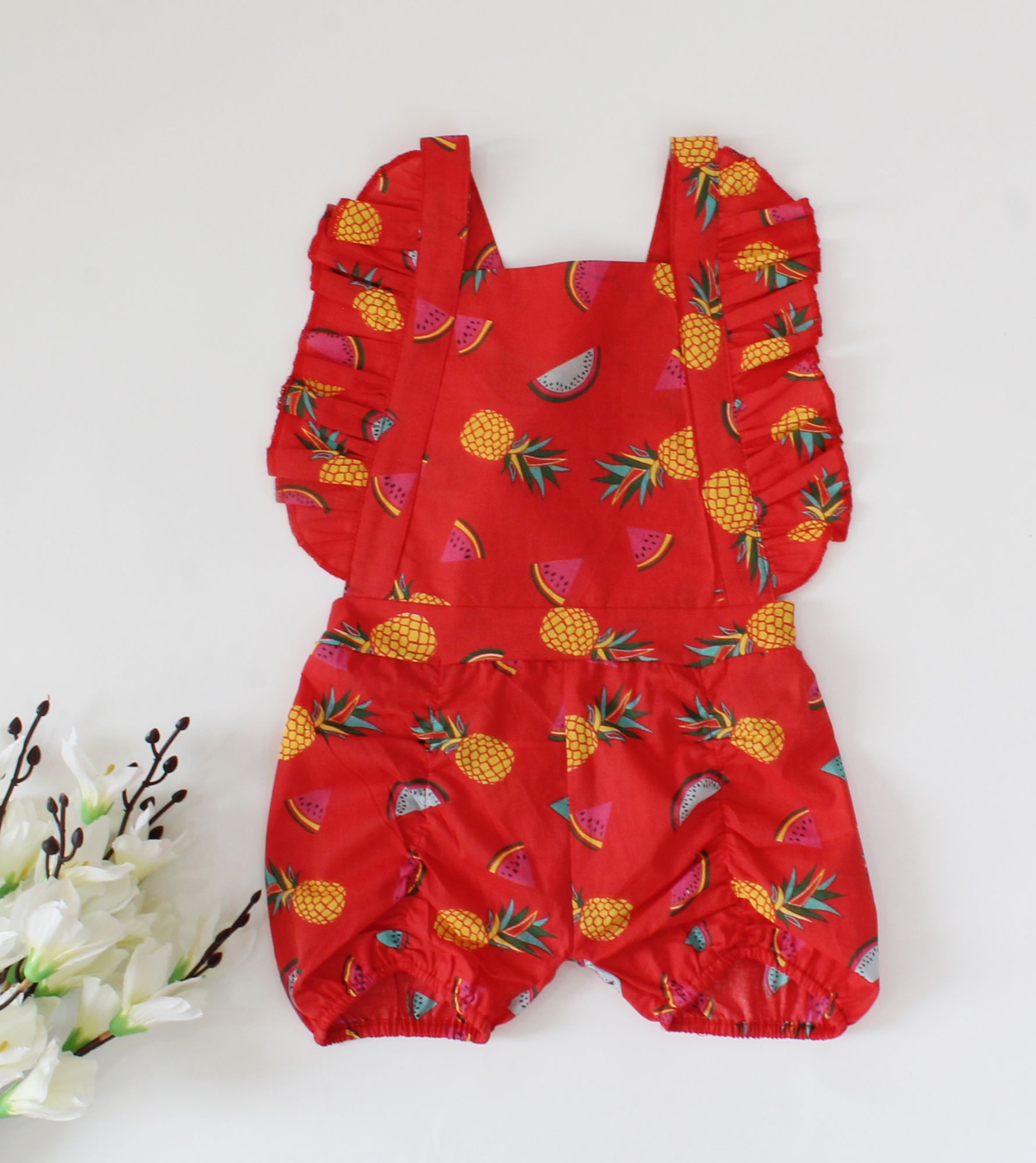 Qvink Summer Pineapple Printed Romper for Girls-Red