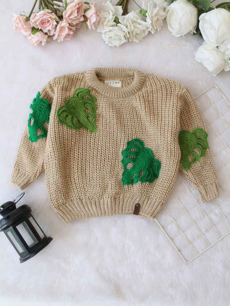 Image of Qvink Knitted Full Sleeves Leaf Applique Detailed Sweater - Beige