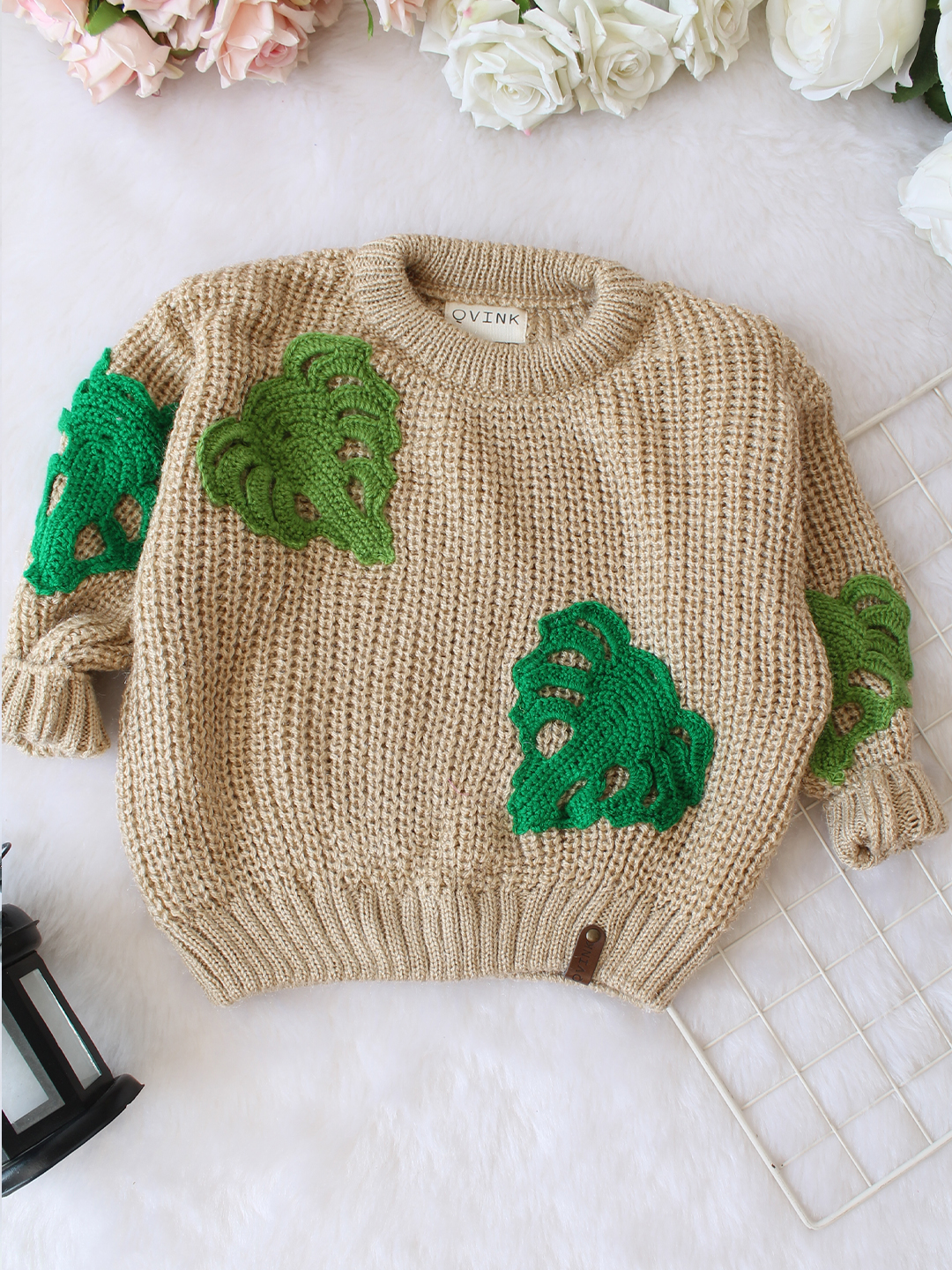 Qvink Knitted Full Sleeves Leaf Applique Detailed Sweater - Beige