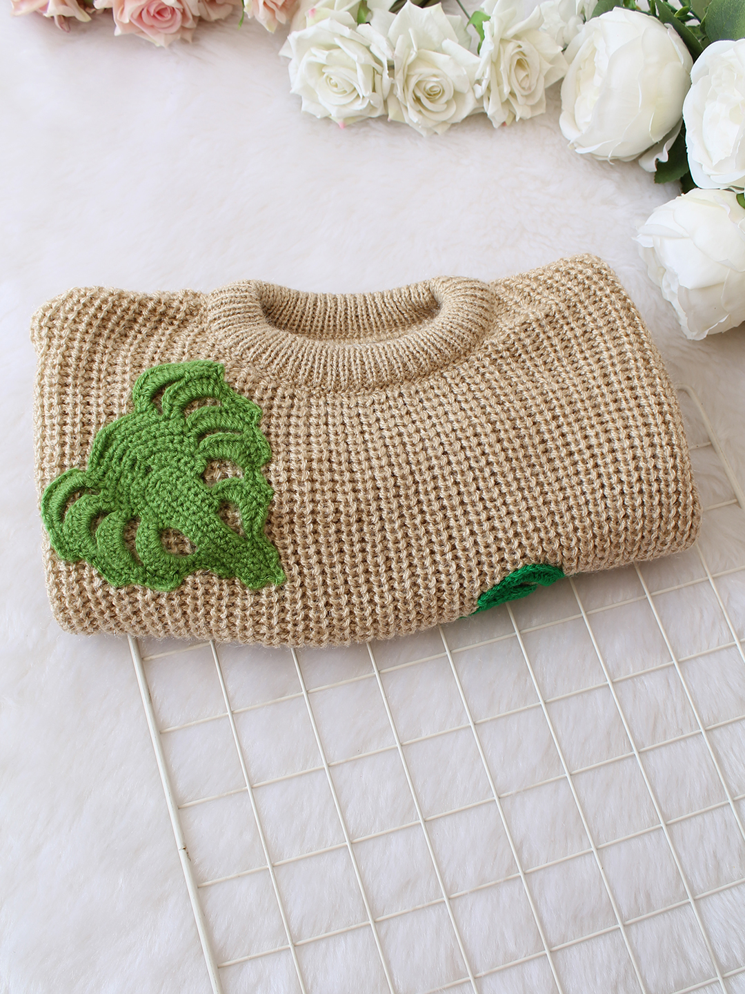 Qvink Knitted Full Sleeves Leaf Applique Detailed Sweater - Beige