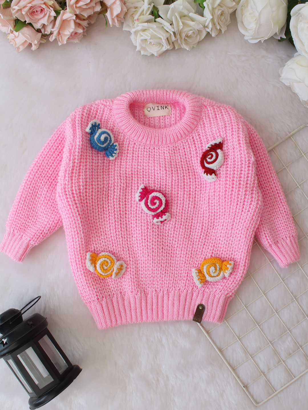 Qvink Knitted Full Sleeves Candy Applique Detailed Sweater - Pink