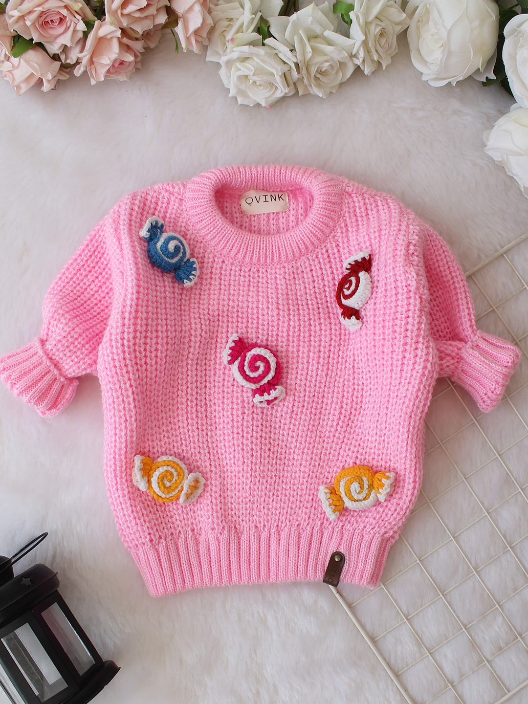 Qvink Knitted Full Sleeves Candy Applique Detailed Sweater - Pink