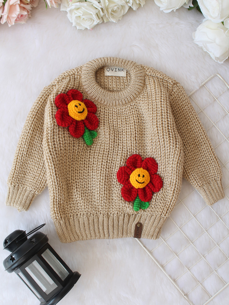 Image of Qvink Knitted Full Sleeves Floral Applique Detailed Sweater - Beige