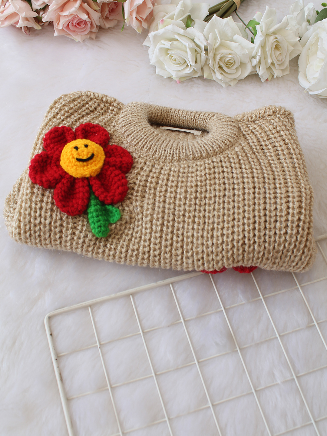 Qvink Knitted Full Sleeves Floral Applique Detailed Sweater - Beige