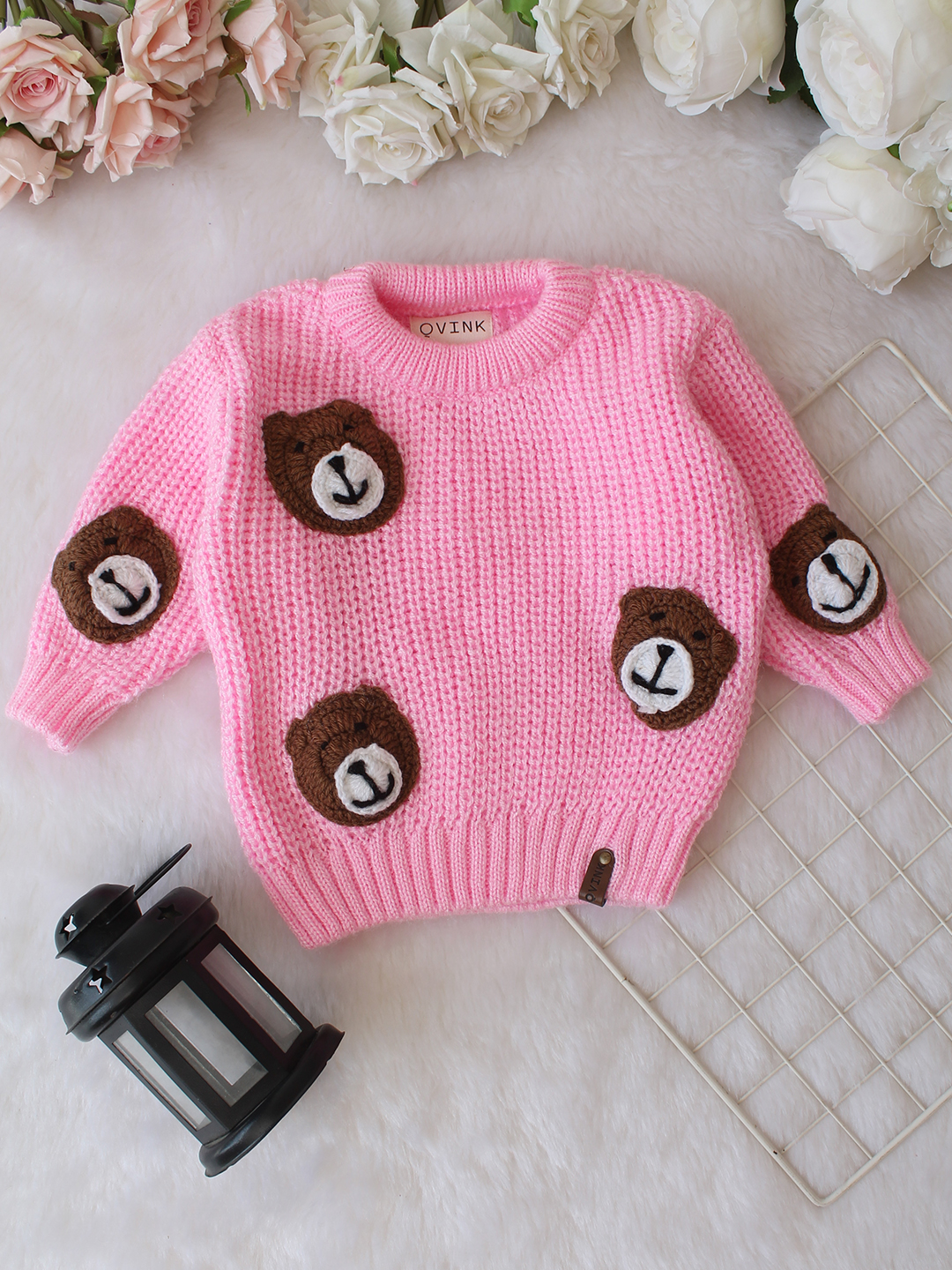 Qvink Knitted Full Sleeves Bear Face Applique Detailed Sweater - Pink