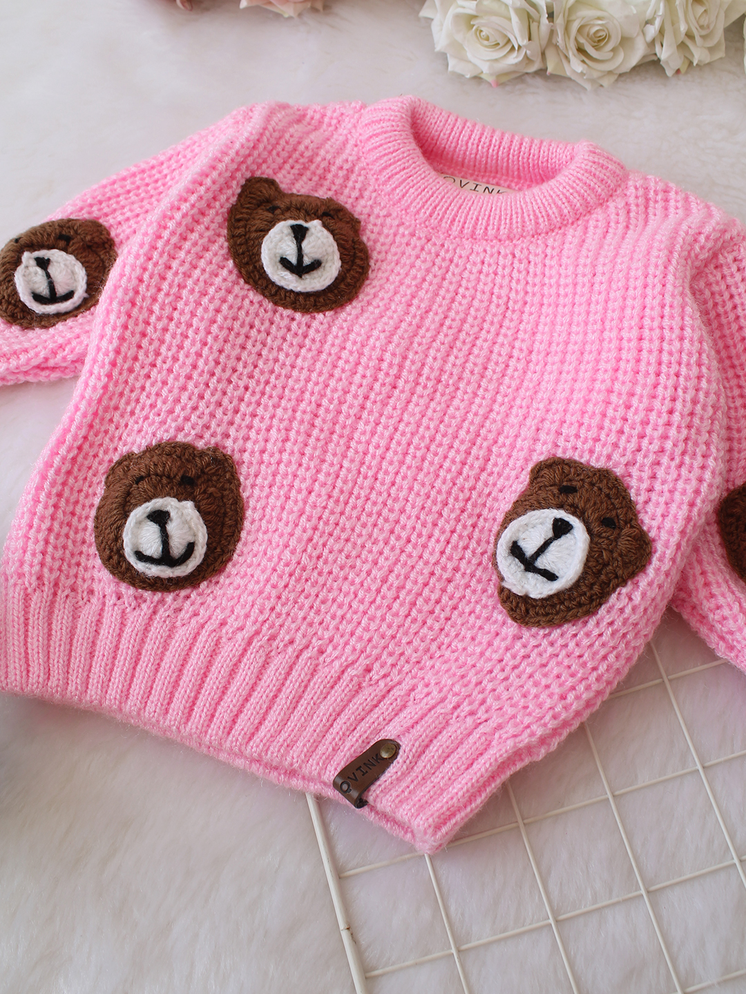 Qvink Knitted Full Sleeves Bear Face Applique Detailed Sweater - Pink