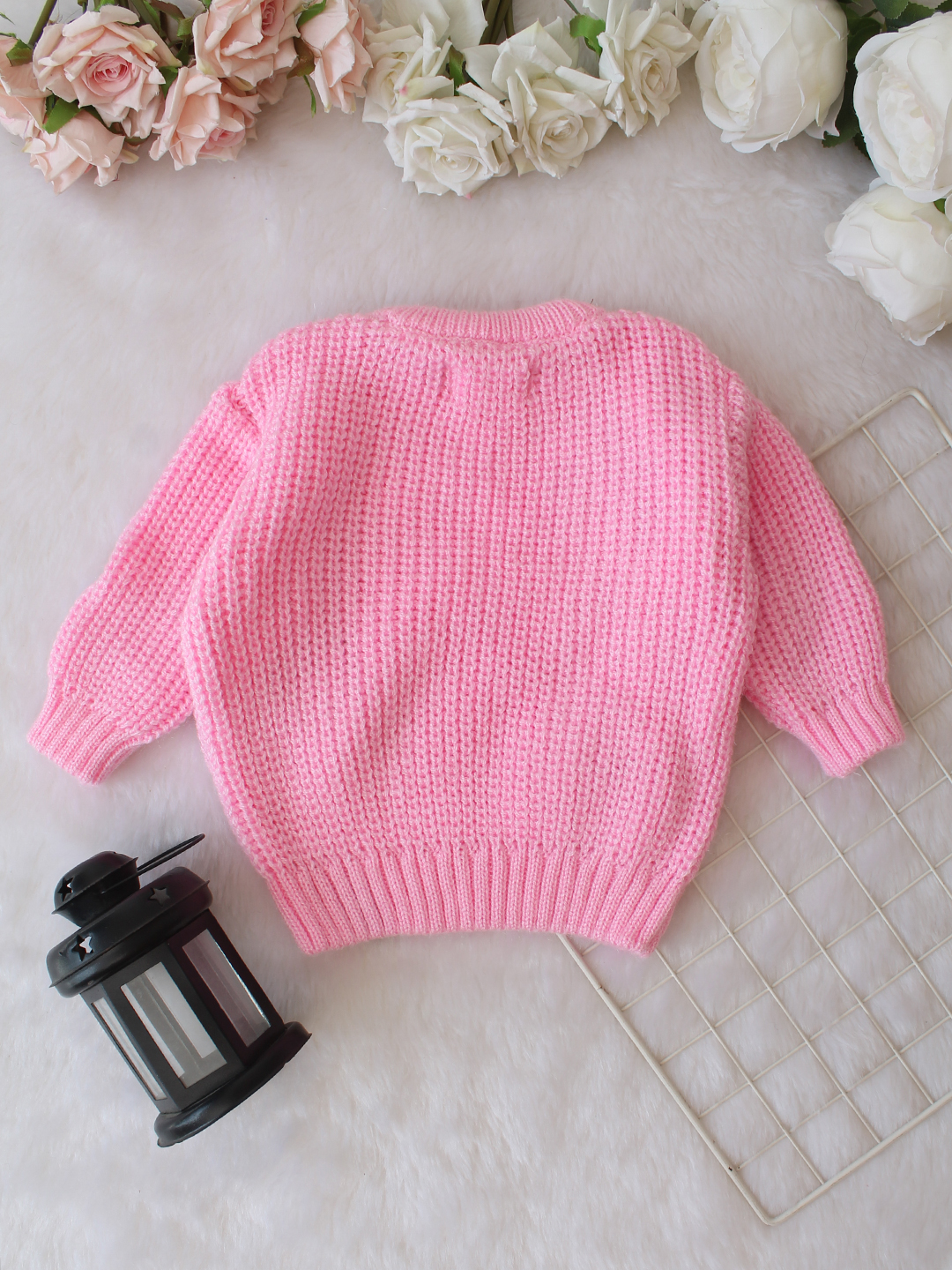 Qvink Knitted Full Sleeves Bear Face Applique Detailed Sweater - Pink