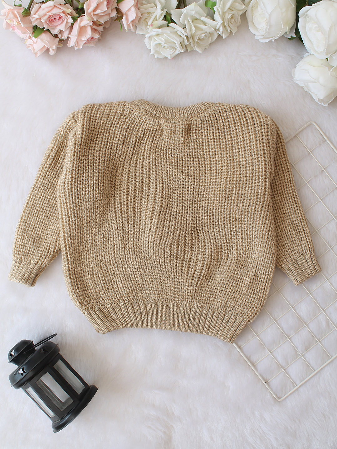 Qvink Knitted Full Sleeves Bear Face Applique Detailed Sweater - Beige