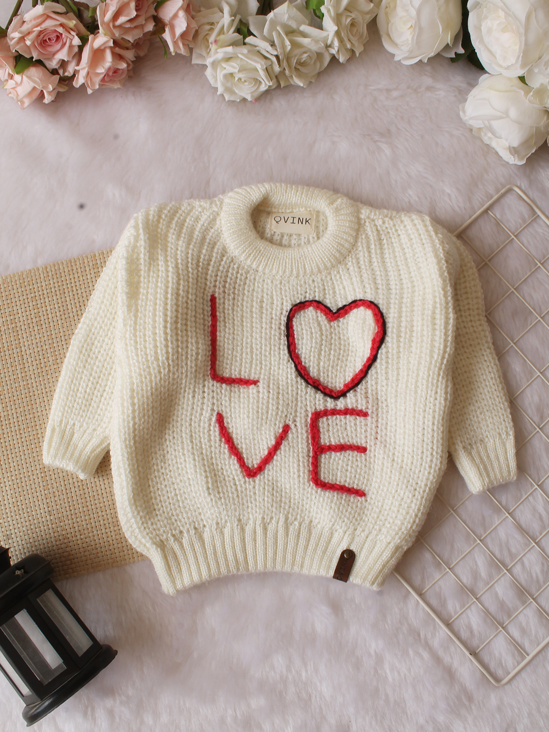 Qvink Knitted Full Sleeves Love Text  Embroidered Sweater - Cream