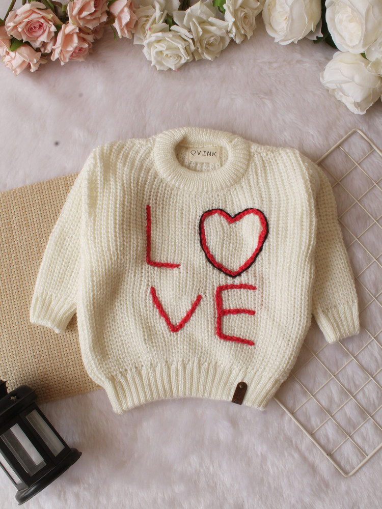 Image of Qvink Knitted Full Sleeves Love Text  Embroidered Sweater - Cream