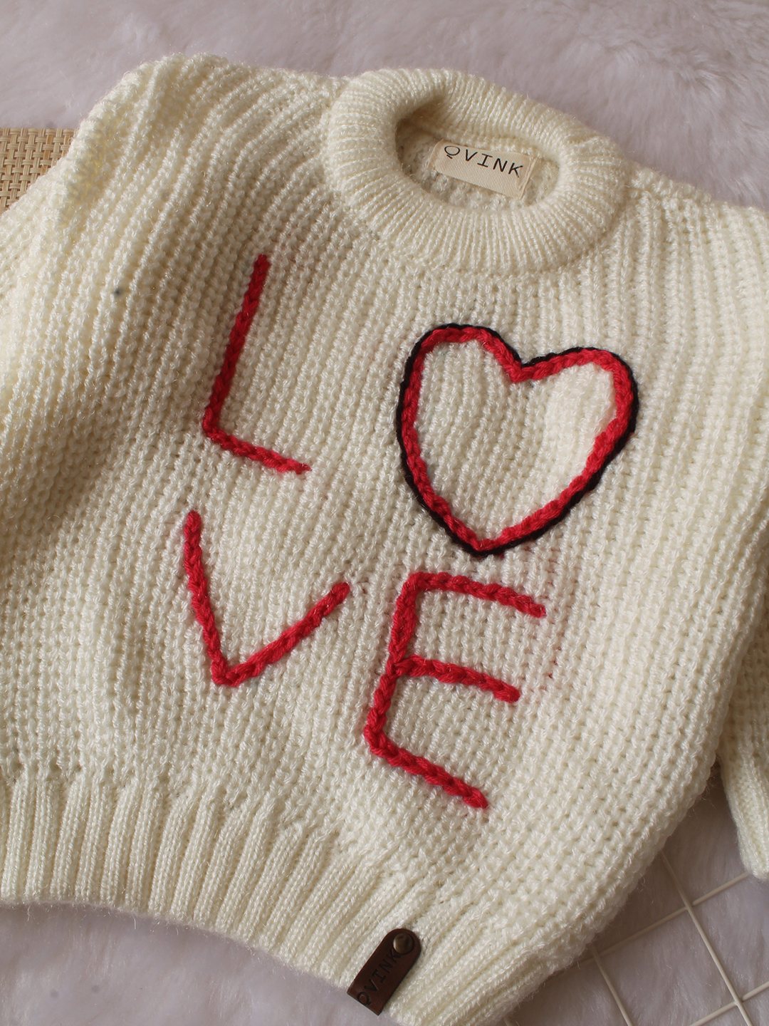 Qvink Knitted Full Sleeves Love Text  Embroidered Sweater - Cream