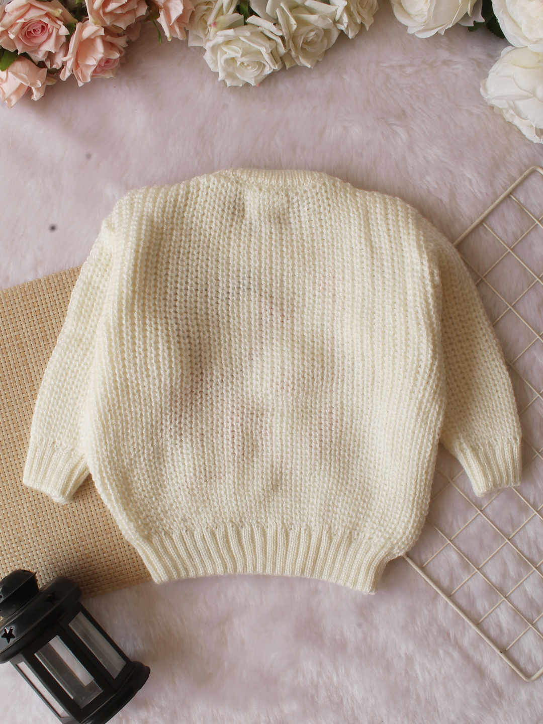 Qvink Knitted Full Sleeves Love Text  Embroidered Sweater - Cream