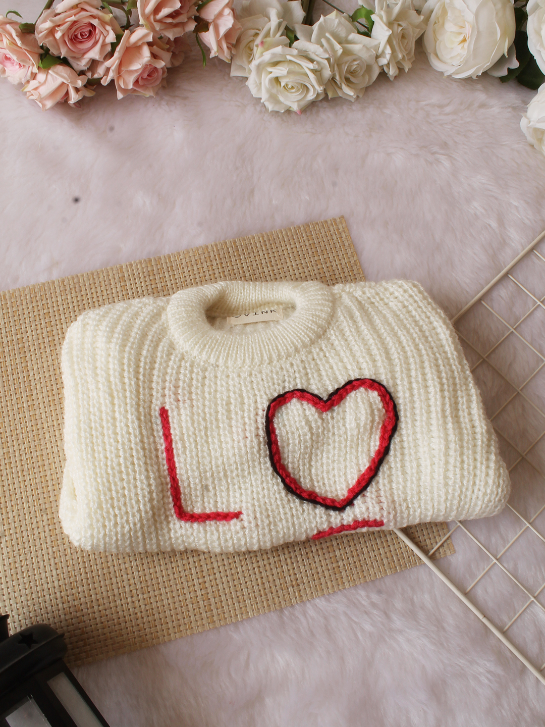 Qvink Knitted Full Sleeves Love Text  Embroidered Sweater - Cream