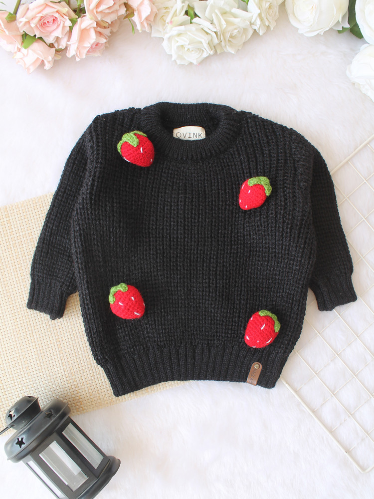 Image of Qvink Knitted Full Sleeves Strawberry Applique Detailed Sweater - Black