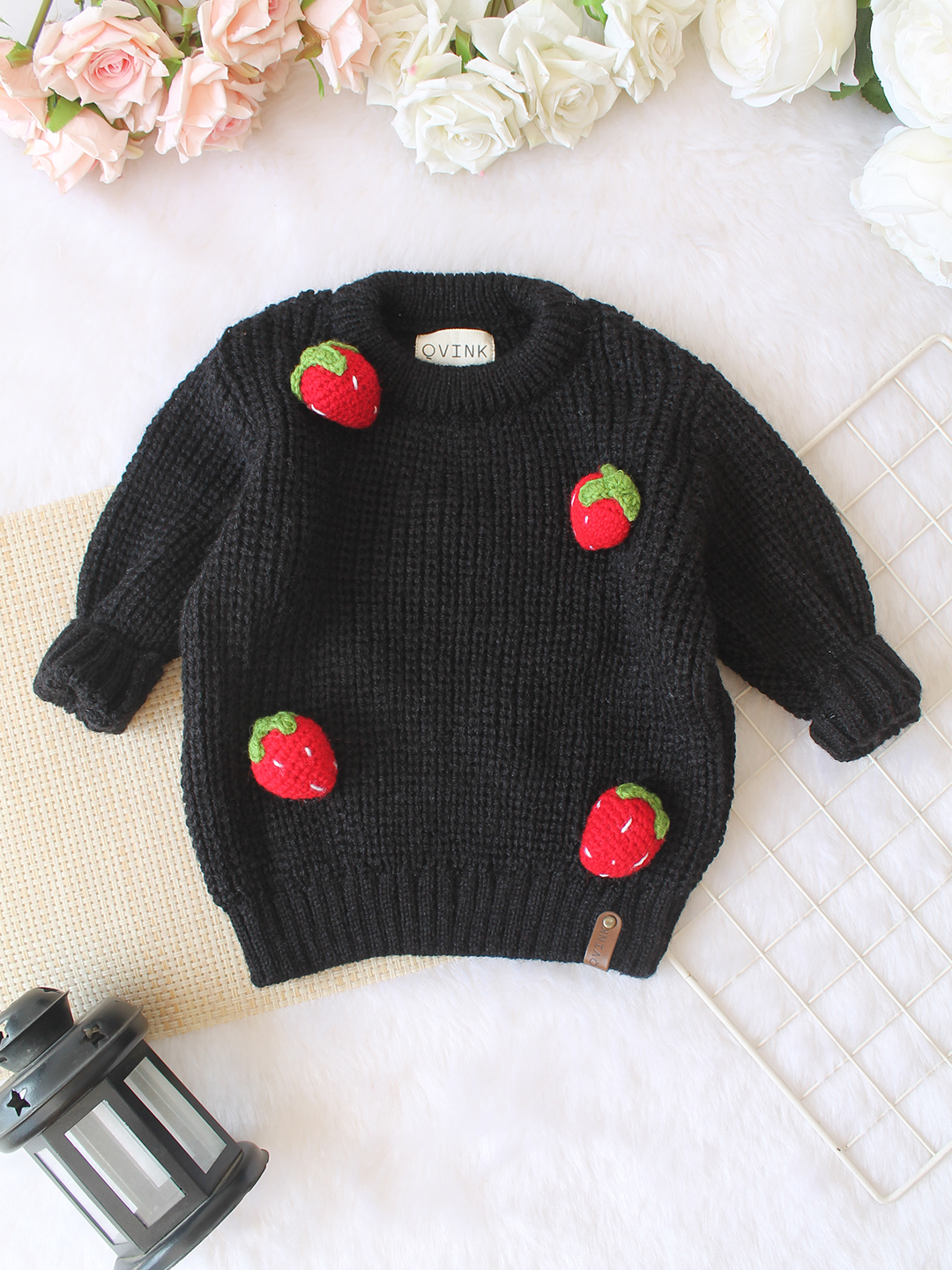 Qvink Knitted Full Sleeves Strawberry Applique Detailed Sweater - Black