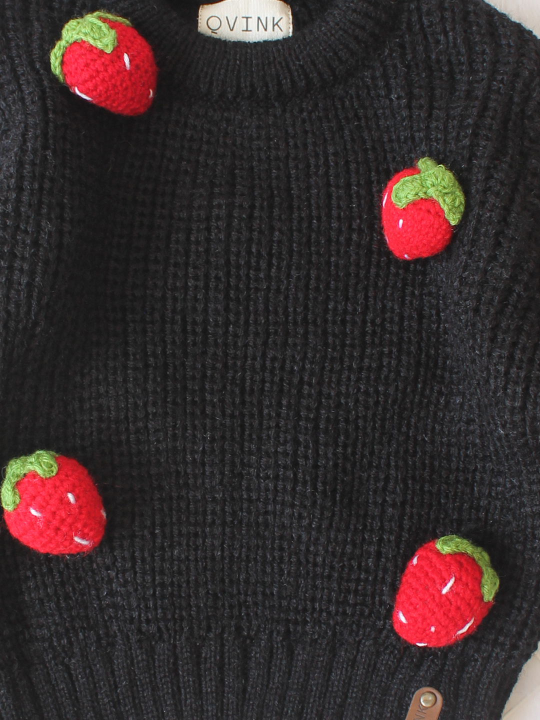Qvink Knitted Full Sleeves Strawberry Applique Detailed Sweater - Black
