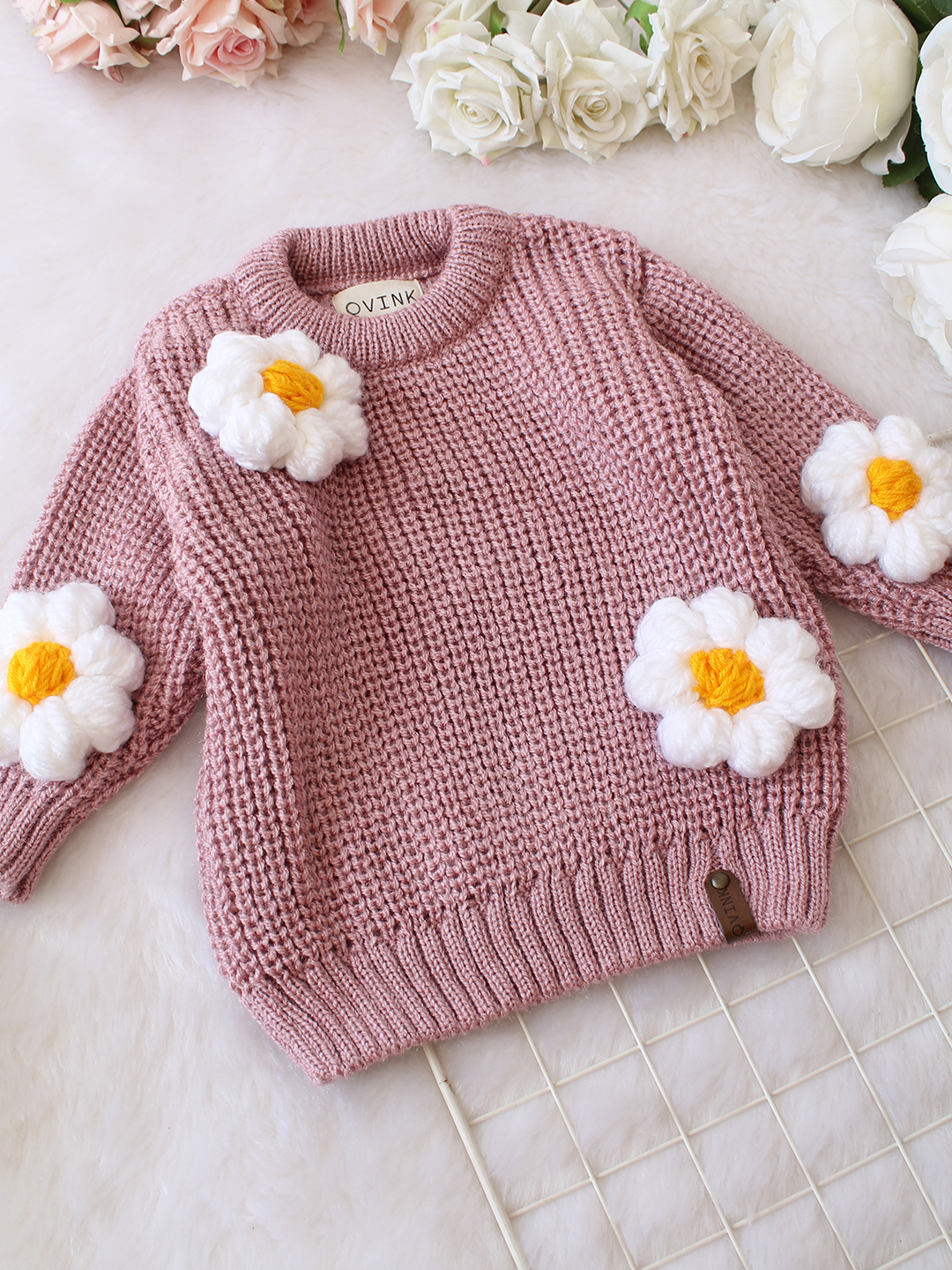 Qvink Knitted Full Sleeves 3D Floral Applique Detailed Sweater - Purple