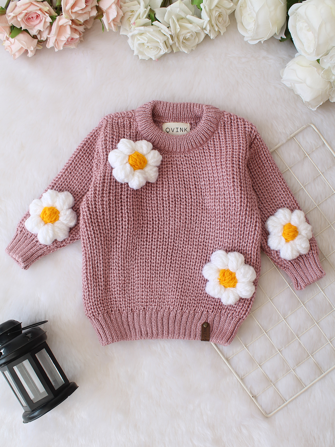 Qvink Knitted Full Sleeves 3D Floral Applique Detailed Sweater - Purple