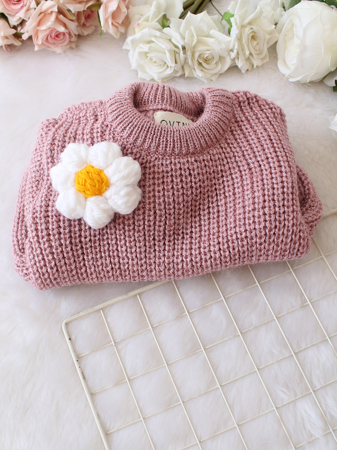 Qvink Knitted Full Sleeves 3D Floral Applique Detailed Sweater - Purple