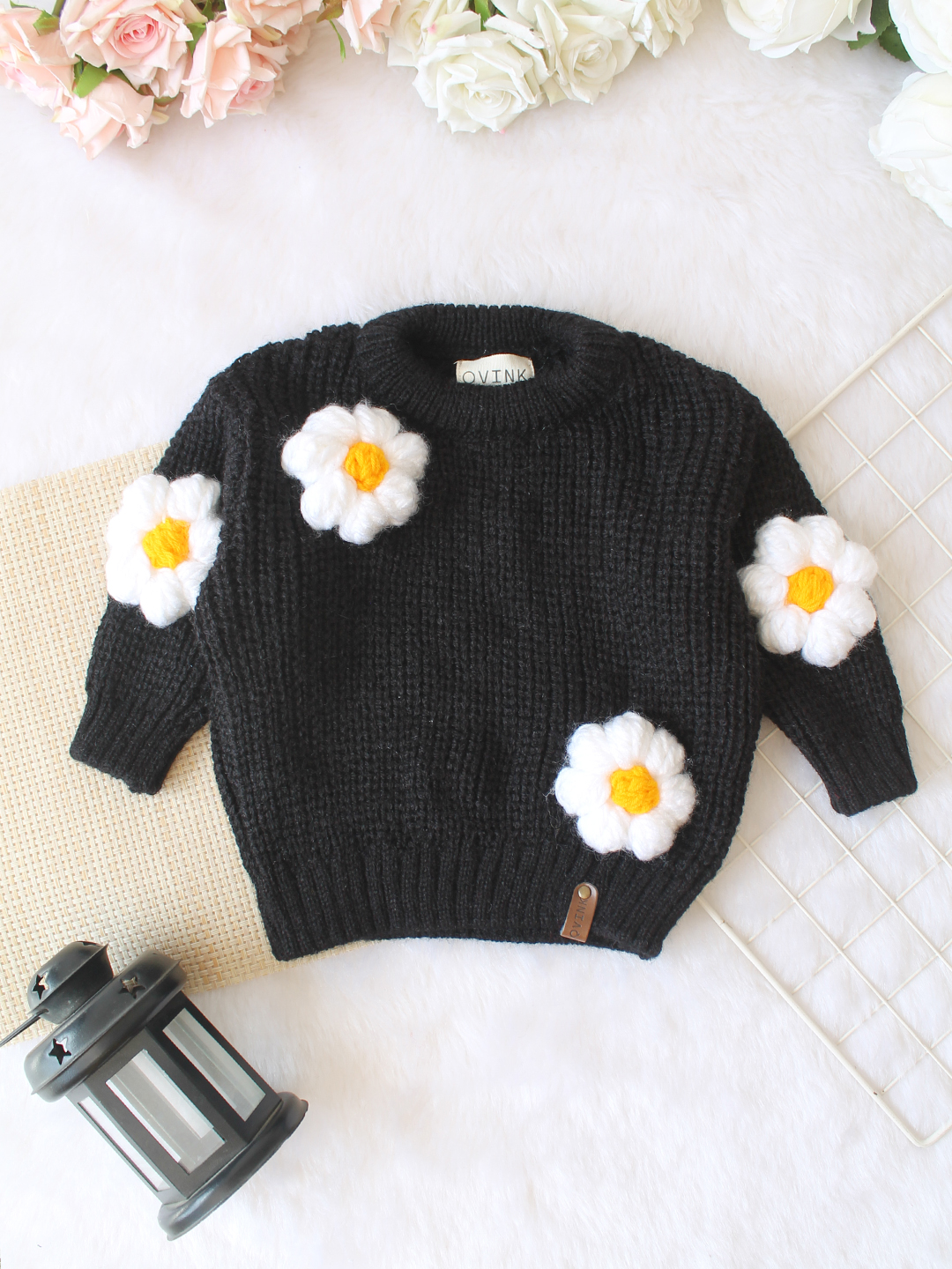 Qvink Knitted Full 3D Sleeves Floral Applique Detailed Sweater - Black