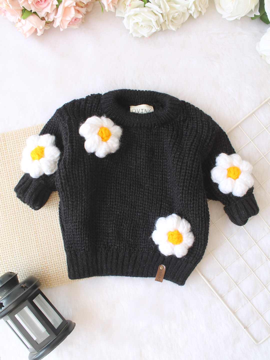 Qvink Knitted Full 3D Sleeves Floral Applique Detailed Sweater - Black
