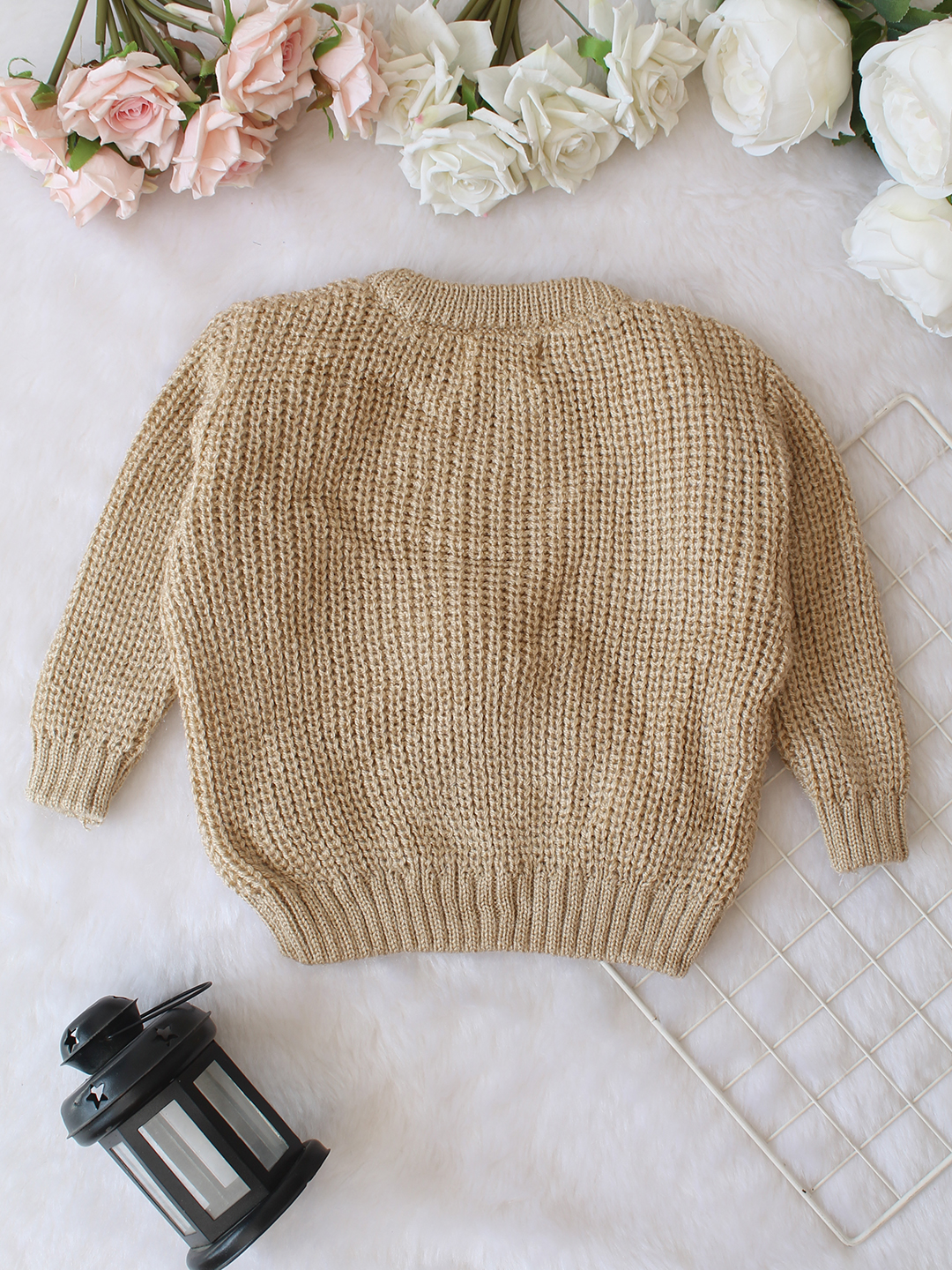 Qvink Knitted Full Sleeves Pink Rose Applique Detailed Sweater - Beige